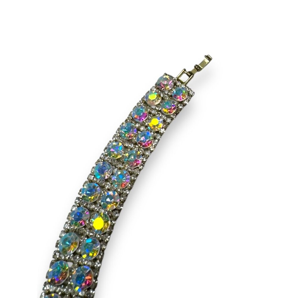 Aurora Borealis Crystal Rhinestone Bracelet 6.75" Fold Over Clasp Vintage - Picture 4 of 8